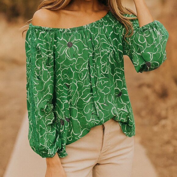 NEW Hope and Harlow Women's Floral Green Crochet Off Shoulder Blouse sz S Beachy - Picture 1 of 6